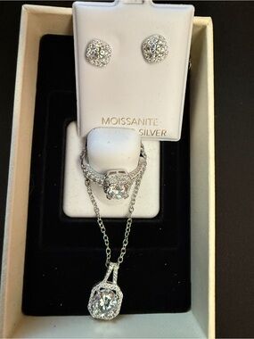 Moissanite Sterling Silver Halo Necklace, Ring & Stud Earrings Set - White
